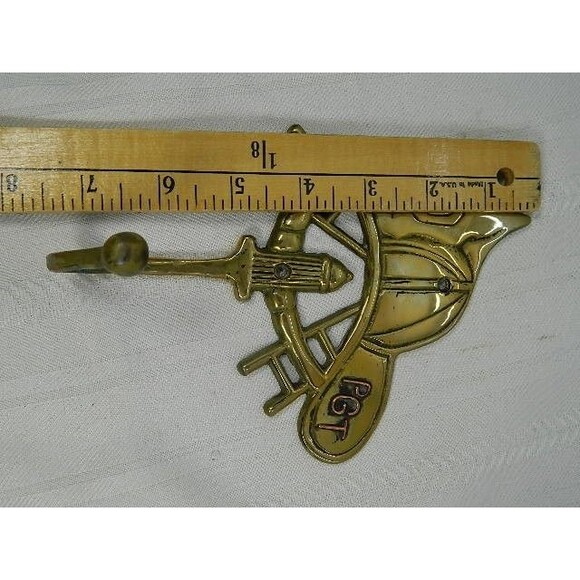 Vintage Fireman's Brass Wall Coat Towel Hook w/ Helmet, Ladders, & Hydrant  7.5" - Picture 7 of 7